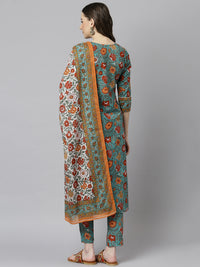 Thumbnail for Janasya Women's Green Cotton Embroidered Kurta With Pant And Dupatta - Distacart