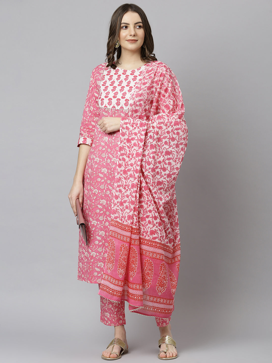 Janasya Women's Pink Cotton Floral Print Kurta With Pant And Dupatta - Distacart