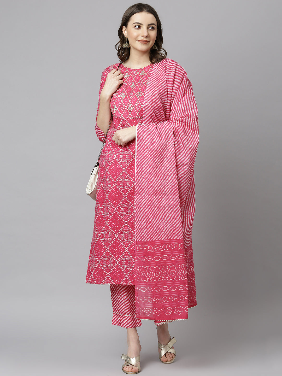 Janasya Women's Pink Cotton Bandhani Kurta With Pant And Dupatta - Distacart