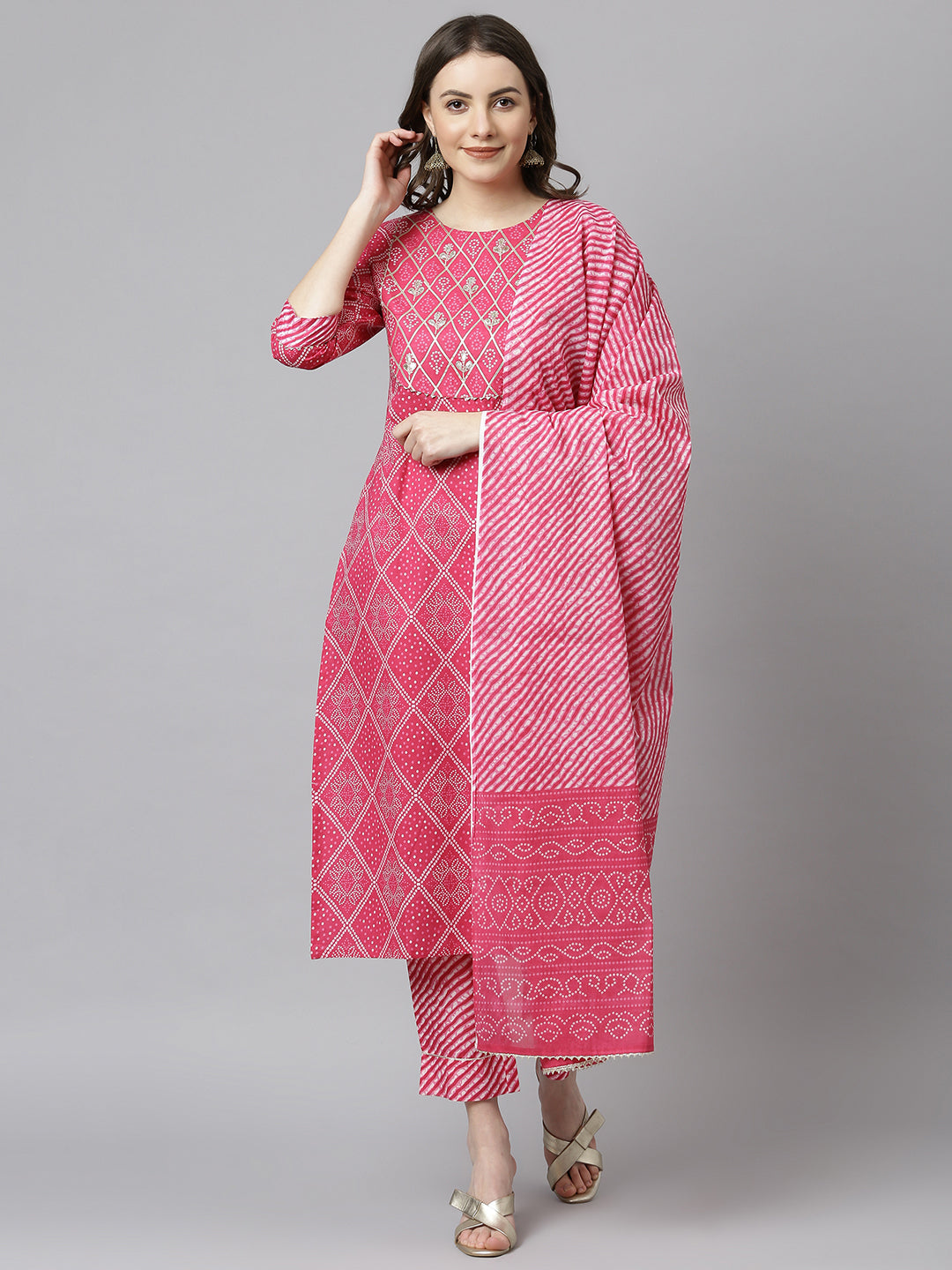 Janasya Women's Pink Cotton Bandhani Kurta With Pant And Dupatta - Distacart