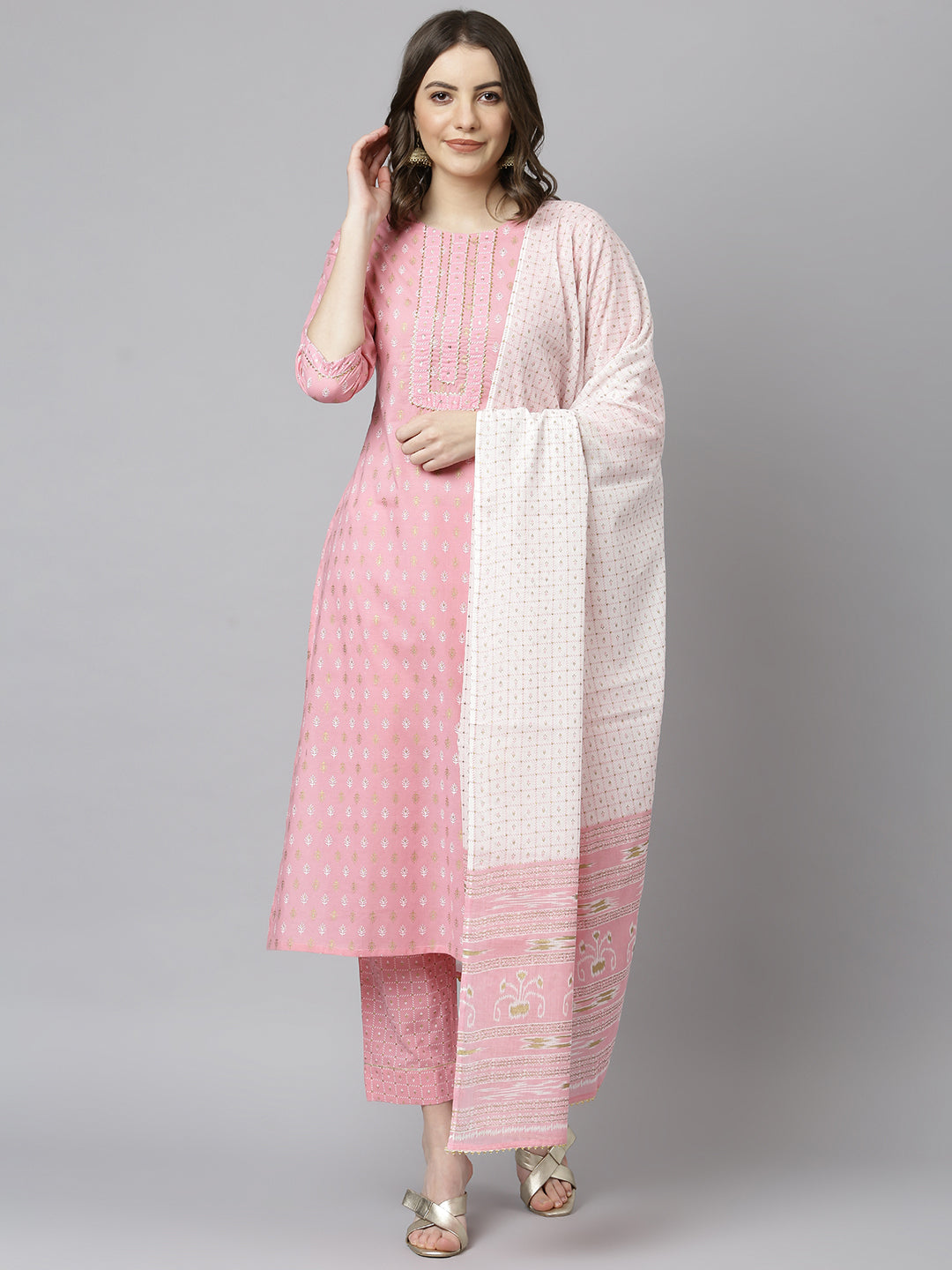 Janasya Women's Light Pink Cotton Gold Print Kurta With Pant And Dupatta - Distacart