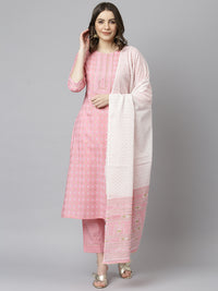 Thumbnail for Janasya Women's Light Pink Cotton Gold Print Kurta With Pant And Dupatta - Distacart