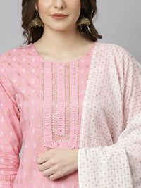 Thumbnail for Janasya Women's Light Pink Cotton Gold Print Kurta With Pant And Dupatta - Distacart
