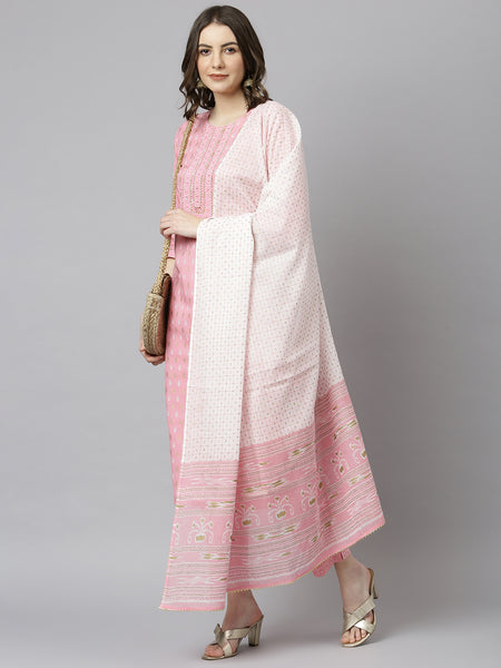 Janasya Women's Light Pink Cotton Gold Print Kurta With Pant And Dupatta - Distacart