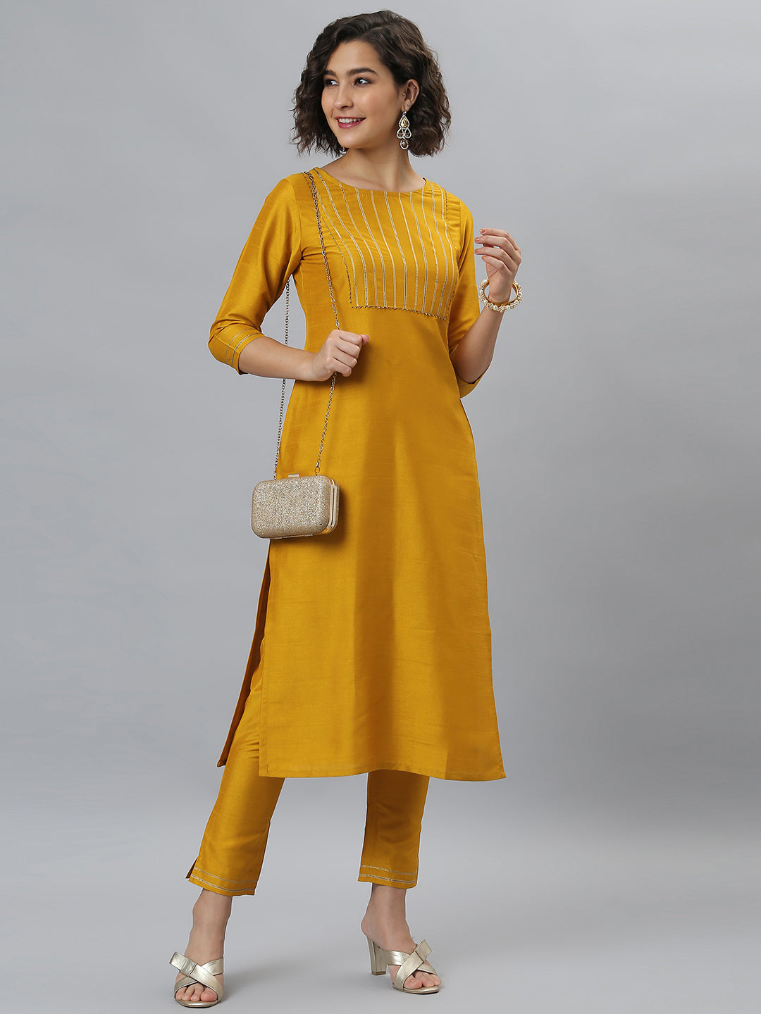 Janasya Women's Mustard Poly Silk Solid Straight Festive Kurta Set - Distacart