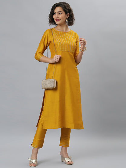 Janasya Women's Mustard Poly Silk Solid Straight Festive Kurta Set - Distacart