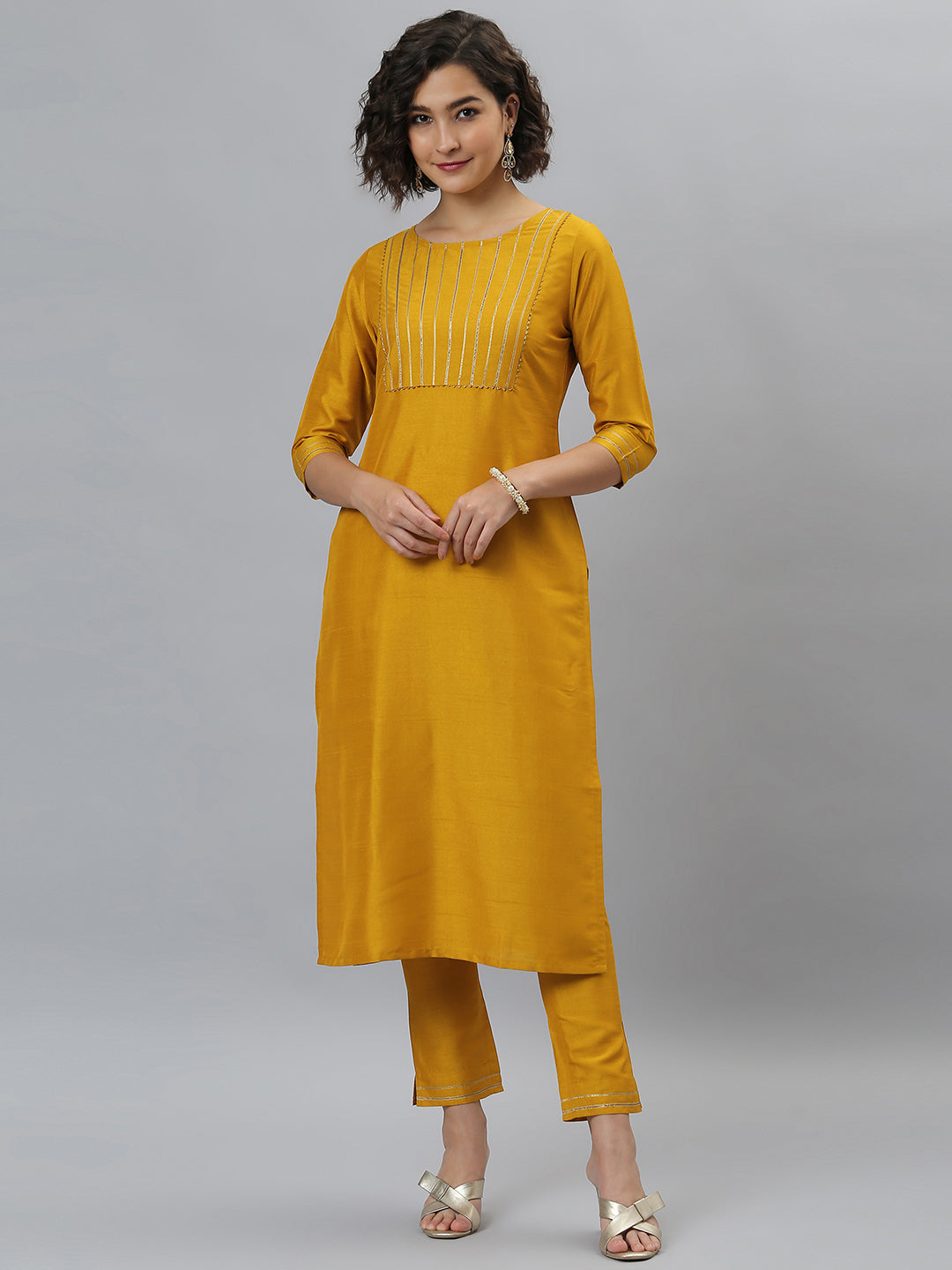 Janasya Women's Mustard Poly Silk Solid Straight Festive Kurta Set - Distacart
