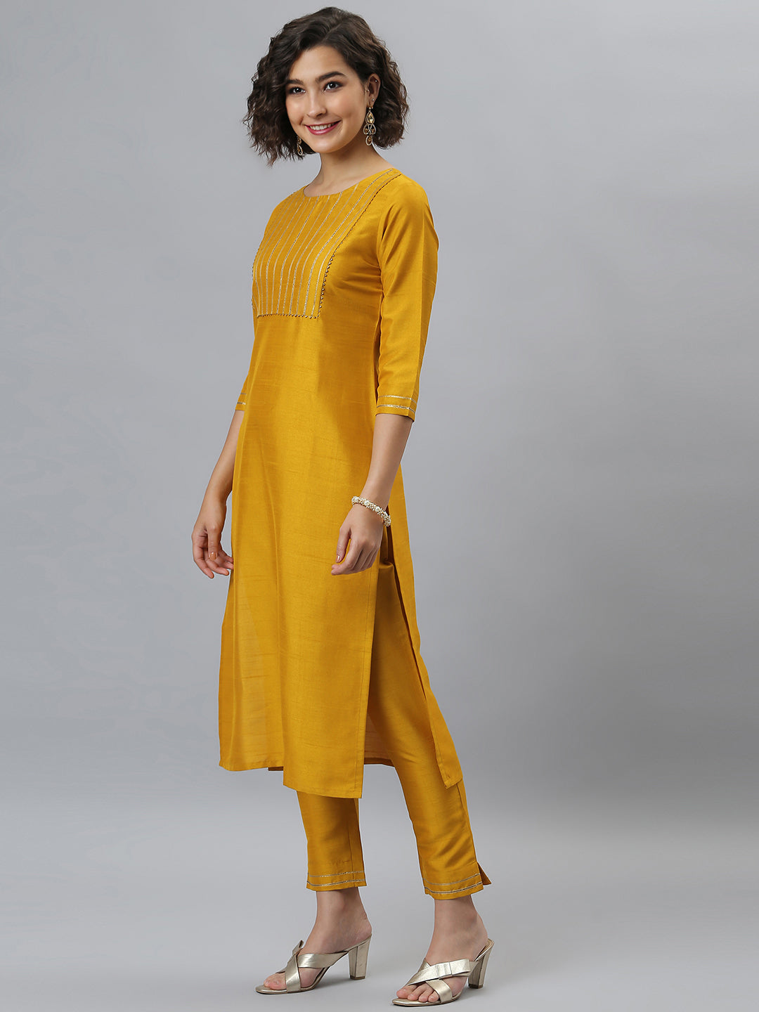 Janasya Women's Mustard Poly Silk Solid Straight Festive Kurta Set - Distacart