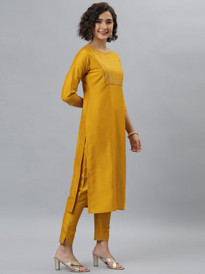 Janasya Women's Mustard Poly Silk Solid Straight Festive Kurta Set - Distacart
