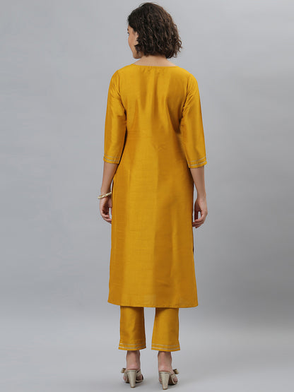 Janasya Women's Mustard Poly Silk Solid Straight Festive Kurta Set - Distacart