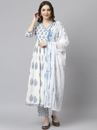 Thumbnail for Janasya Women's White Cotton Block Print Kurta With Pant And Dupatta - Distacart