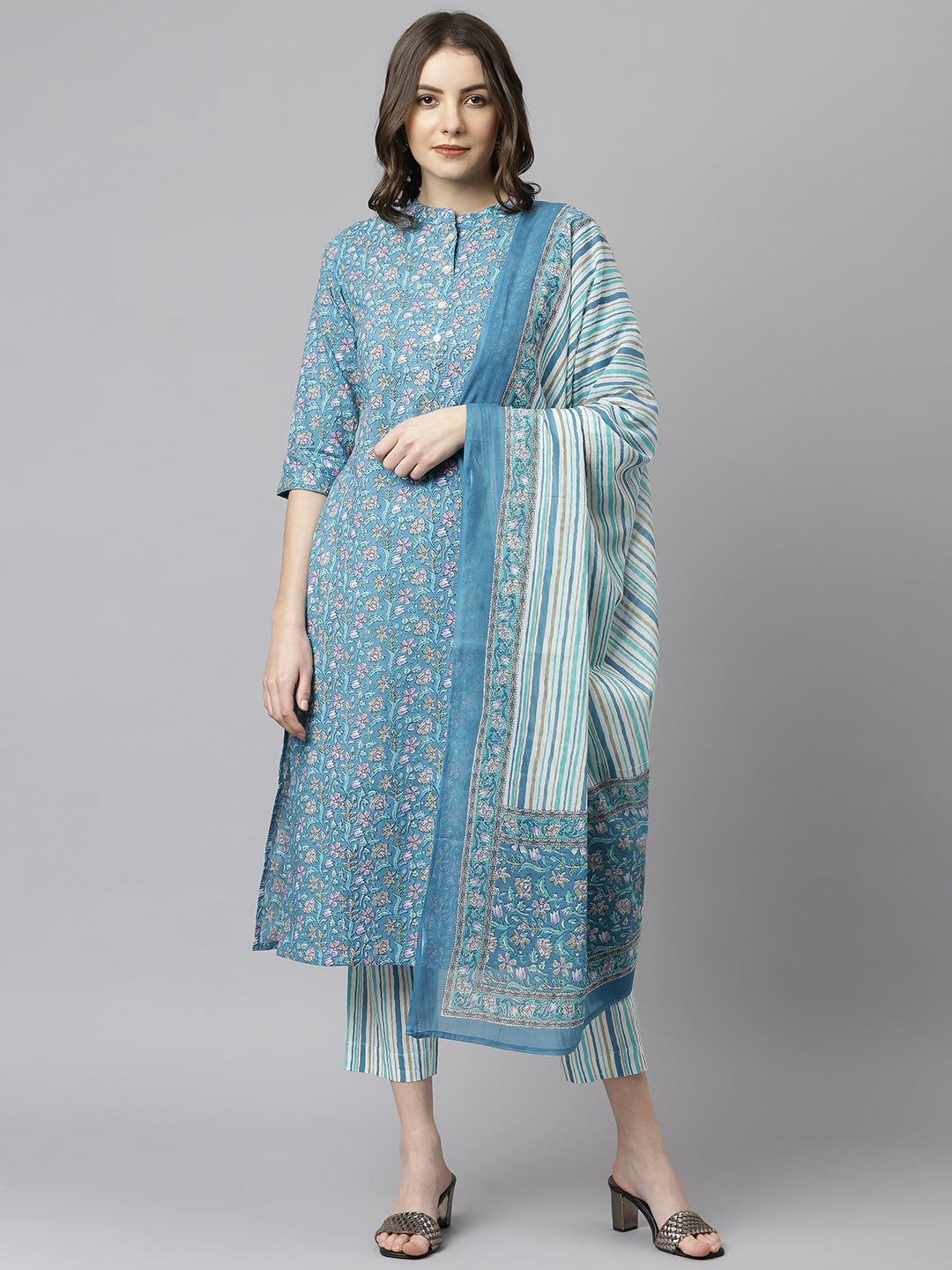 Janasya Women's Blue Cotton Floral Print Kurta With Pant And Dupatta - Distacart