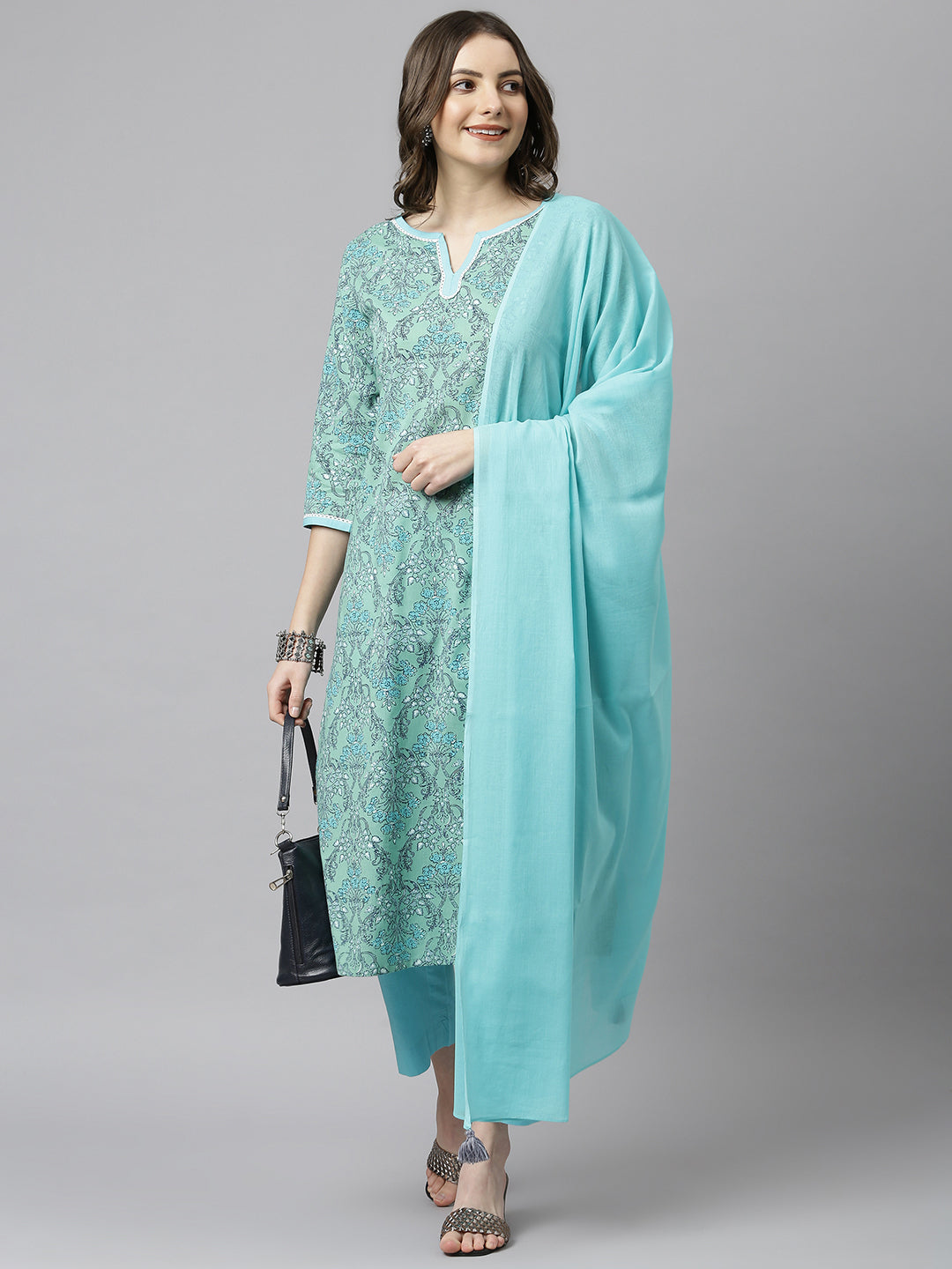 Janasya Women's Sea Green Cotton Floral Print Kurta With Pant And Dupatta - Distacart