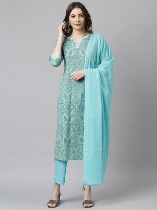 Janasya Women's Sea Green Cotton Floral Print Kurta With Pant And Dupatta - Distacart