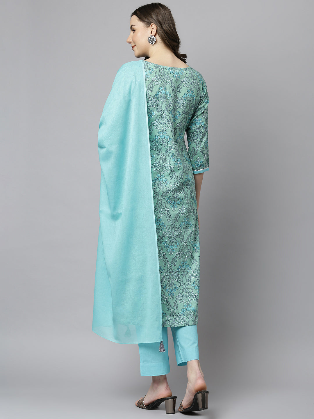 Janasya Women's Sea Green Cotton Floral Print Kurta With Pant And Dupatta - Distacart