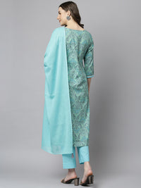 Thumbnail for Janasya Women's Sea Green Cotton Floral Print Kurta With Pant And Dupatta - Distacart