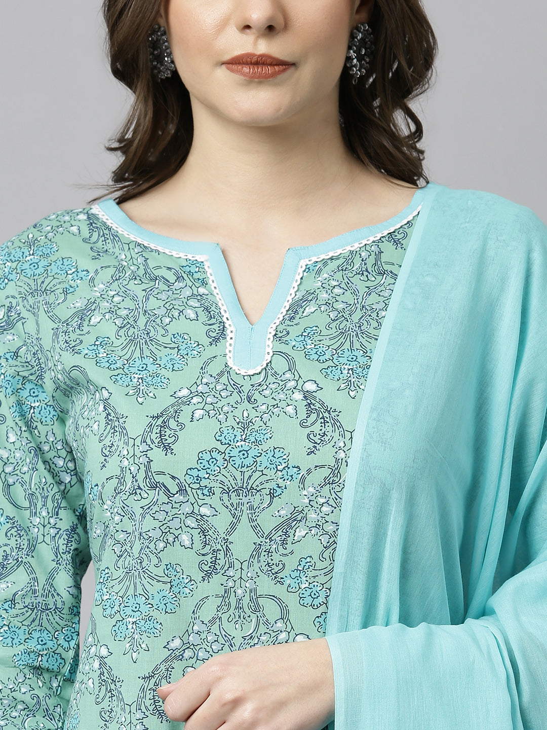 Janasya Women's Sea Green Cotton Floral Print Kurta With Pant And Dupatta - Distacart