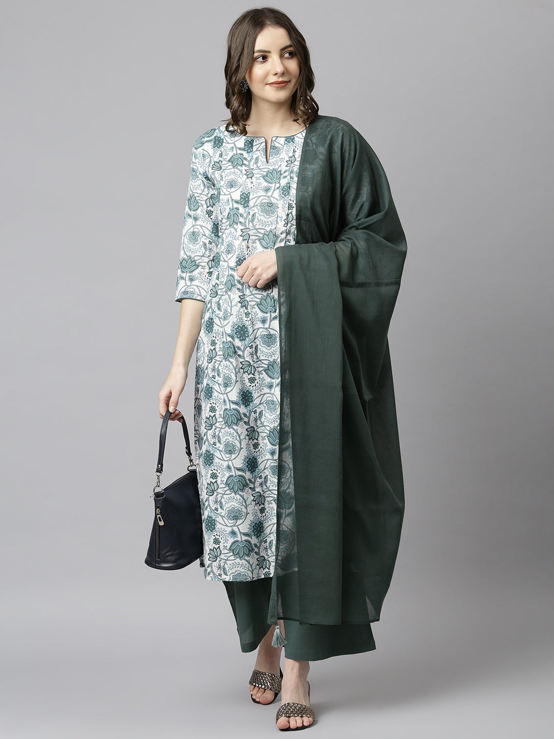 Janasya Women's White Cotton Floral Print Kurta With Palazzo And Dupatta - Distacart