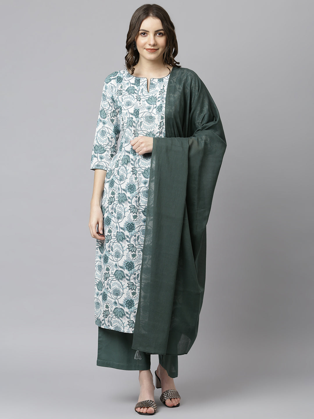 Janasya Women's White Cotton Floral Print Kurta With Palazzo And Dupatta - Distacart