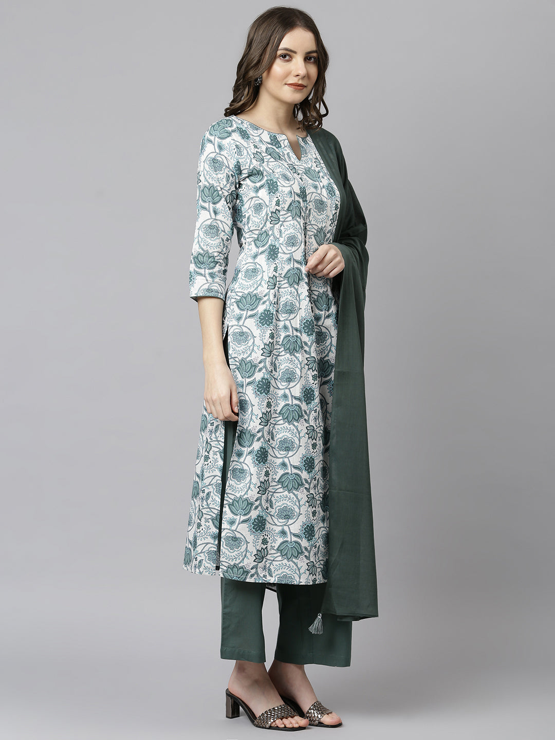 Janasya Women's White Cotton Floral Print Kurta With Palazzo And Dupatta - Distacart