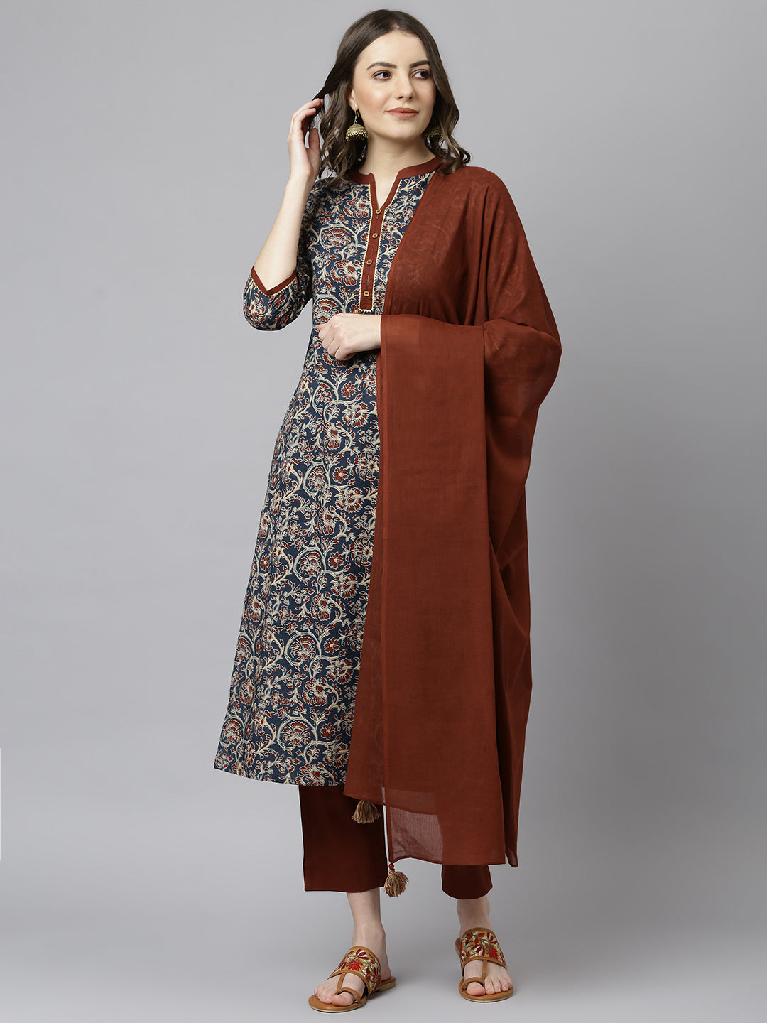 Janasya Women's Teal Blue Cotton Floral Print Kurta With Pant And Dupatta - Distacart