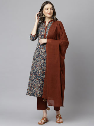 Janasya Women's Teal Blue Cotton Floral Print Kurta With Pant And Dupatta - Distacart