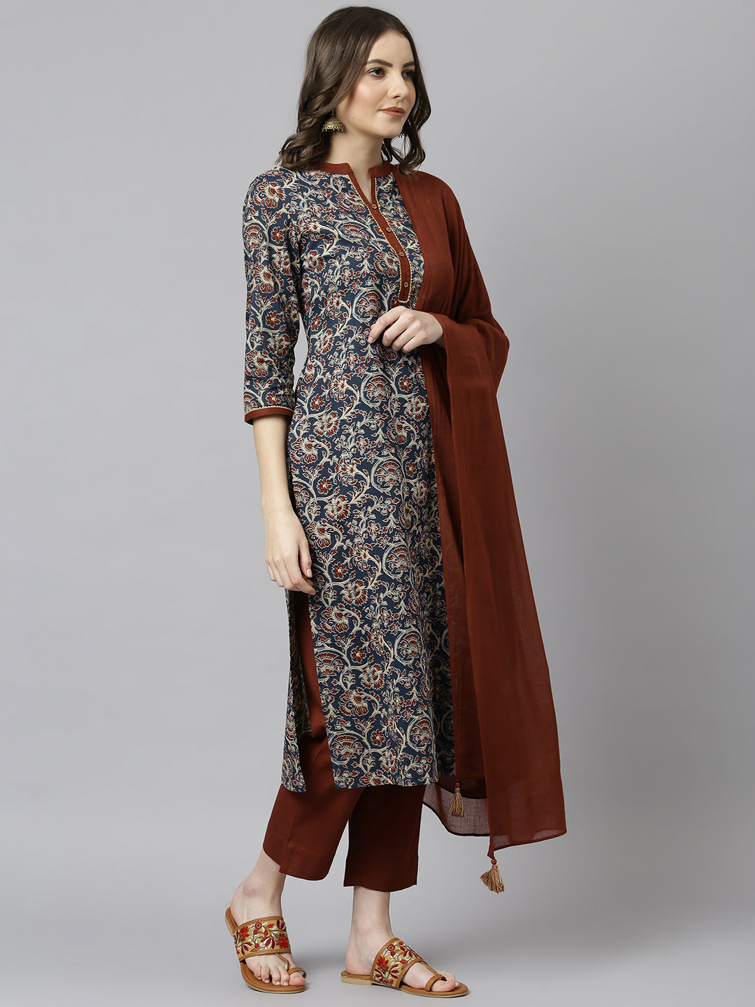 Janasya Women's Teal Blue Cotton Floral Print Kurta With Pant And Dupatta - Distacart