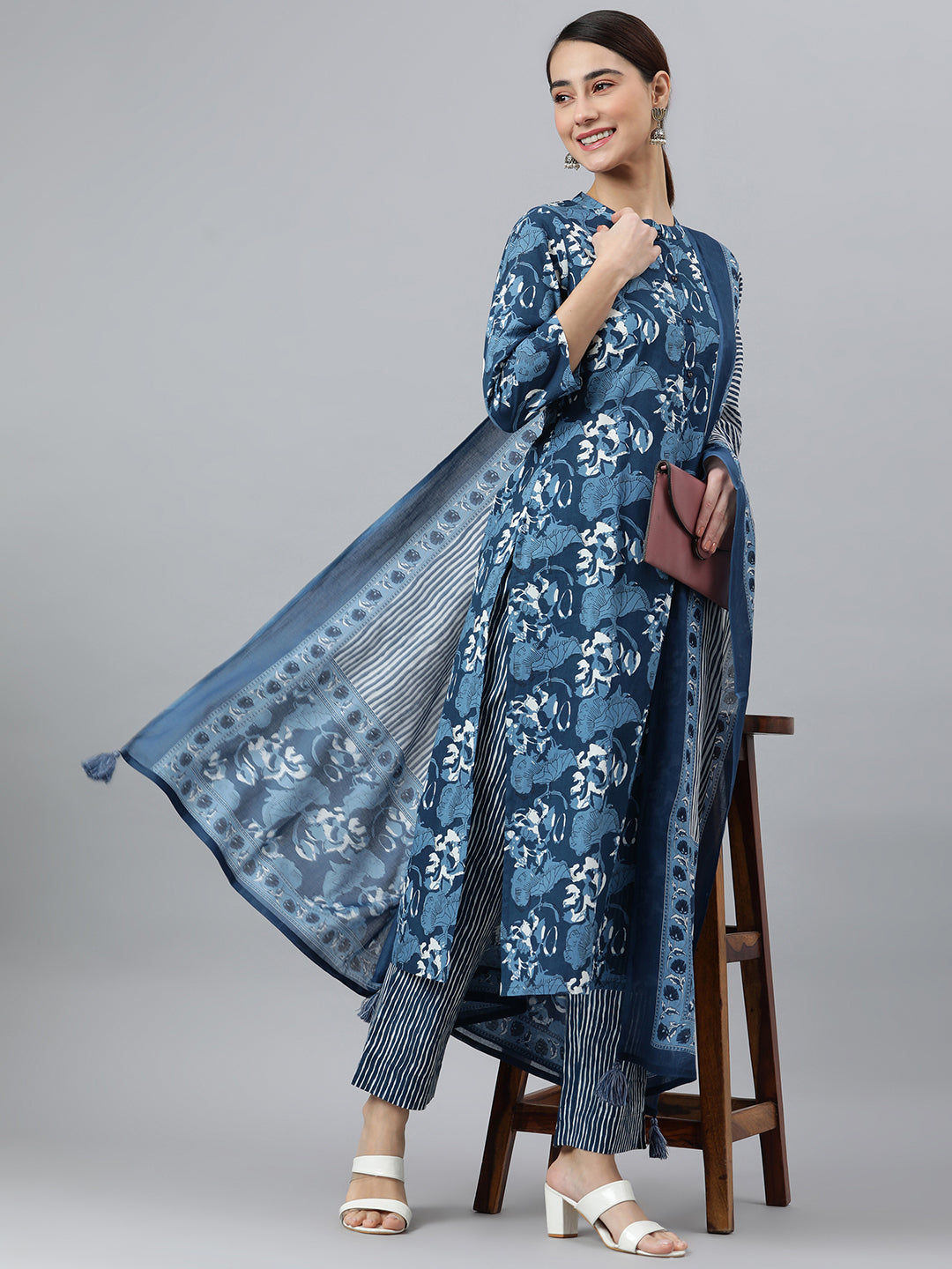 Janasya Women's Blue Cotton Block Print Kurta With Pant And Dupatta - Distacart