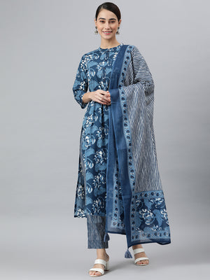 Janasya Women's Blue Cotton Block Print Kurta With Pant And Dupatta - Distacart