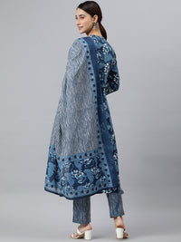 Thumbnail for Janasya Women's Blue Cotton Block Print Kurta With Pant And Dupatta - Distacart