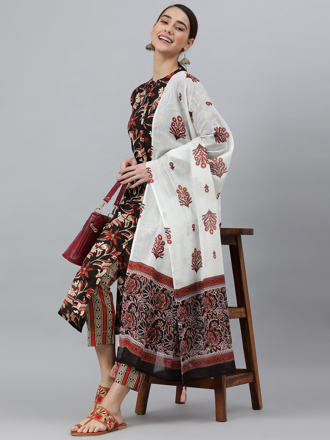 Janasya Women's Black Cotton Botanical Print Kurta With Pant And Dupatta - Distacart