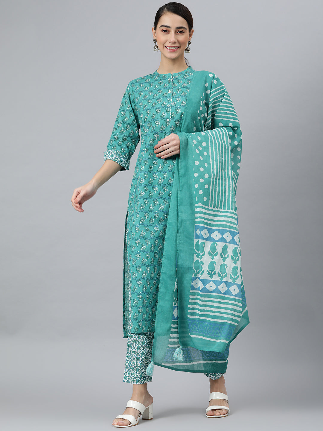 Janasya Women's Sea Green Cotton Block Print Kurta With Pant And Dupatta - Distacart