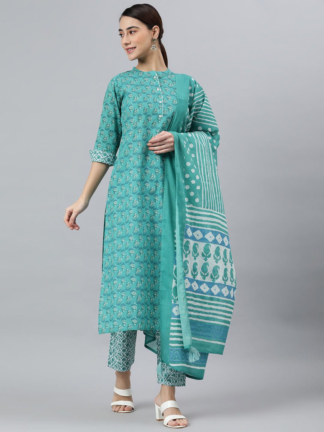 Janasya Women's Sea Green Cotton Block Print Kurta With Pant And Dupatta - Distacart