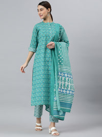 Thumbnail for Janasya Women's Sea Green Cotton Block Print Kurta With Pant And Dupatta - Distacart