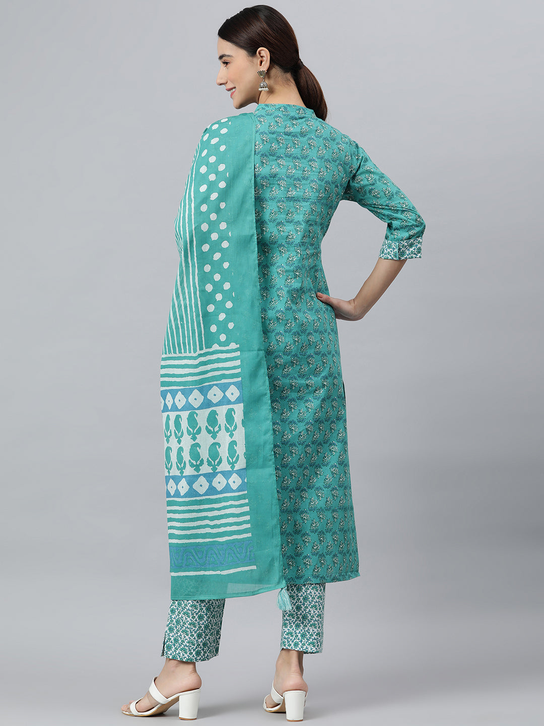 Janasya Women's Sea Green Cotton Block Print Kurta With Pant And Dupatta - Distacart