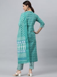 Thumbnail for Janasya Women's Sea Green Cotton Block Print Kurta With Pant And Dupatta - Distacart