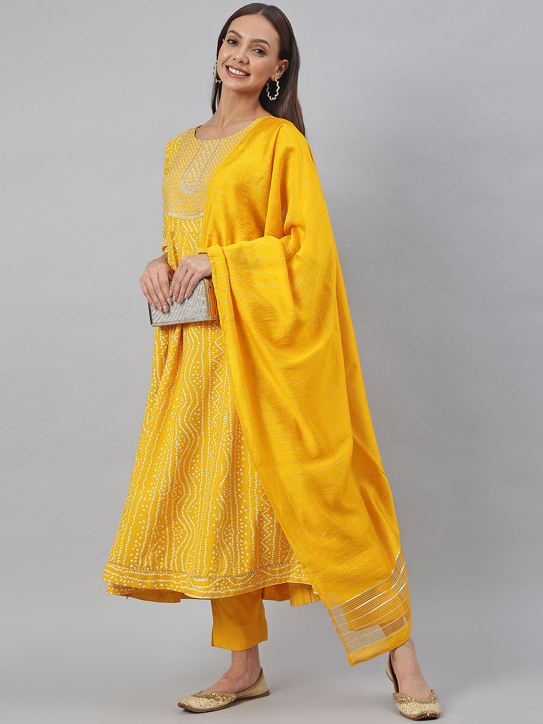 Janasya Women's Yellow Cotton Bandhej Kurta With Pant And Dupatta - Distacart