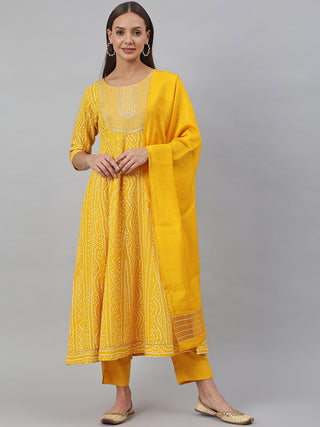 Janasya Women's Yellow Cotton Bandhej Kurta With Pant And Dupatta - Distacart