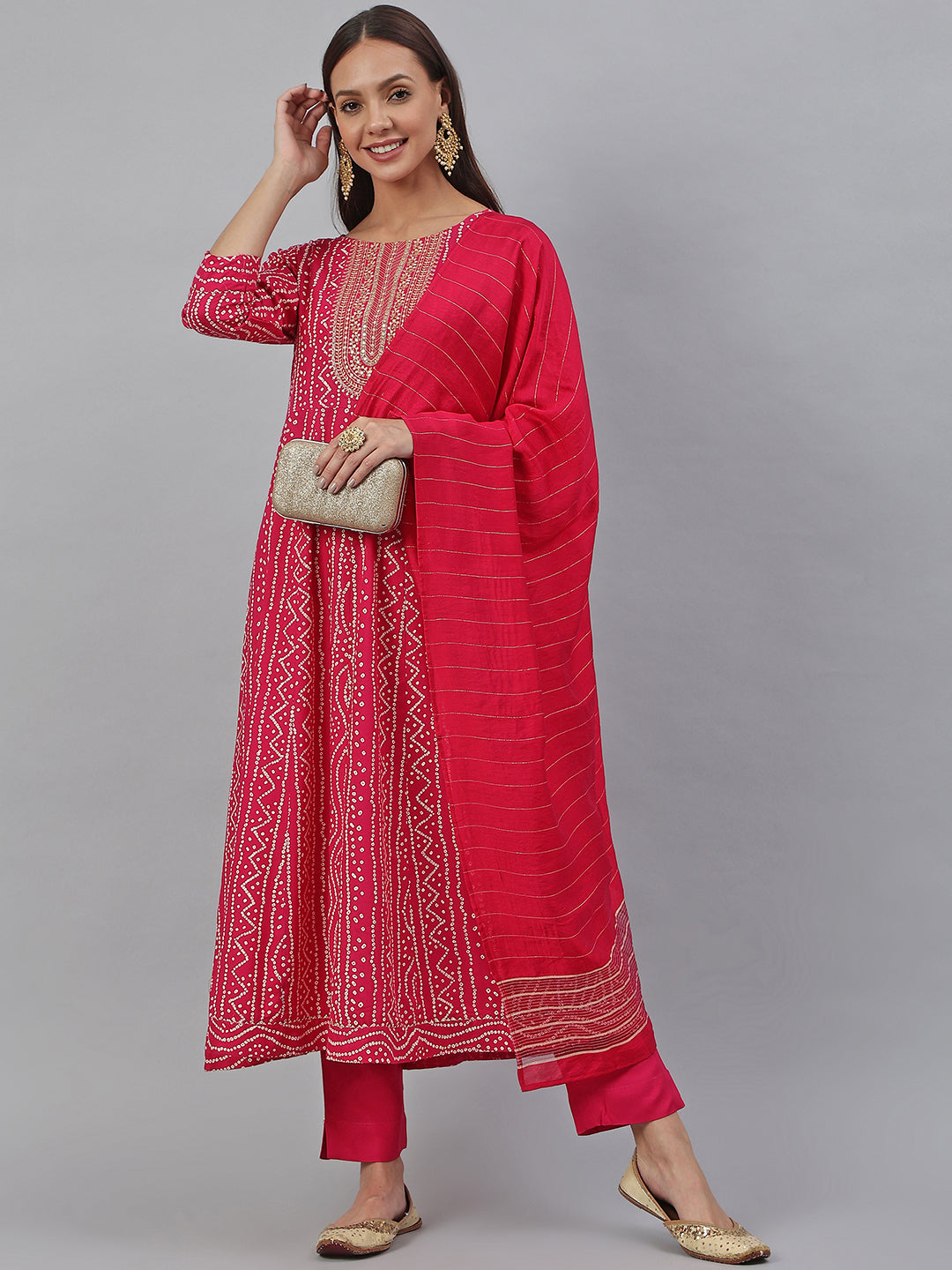 Janasya Women's Pink Rayon Bandhani Kurta With Pant And Dupatta - Distacart