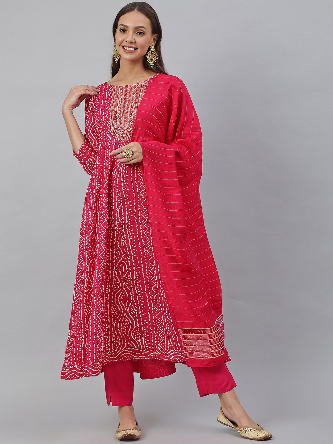Janasya Women's Pink Rayon Bandhani Kurta With Pant And Dupatta - Distacart