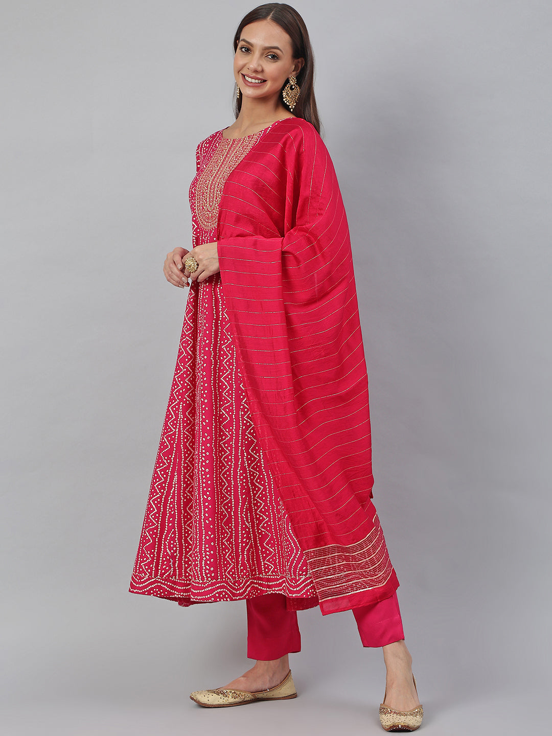 Janasya Women's Pink Rayon Bandhani Kurta With Pant And Dupatta - Distacart