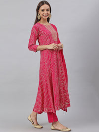 Thumbnail for Janasya Women's Pink Rayon Bandhani Kurta With Pant And Dupatta - Distacart
