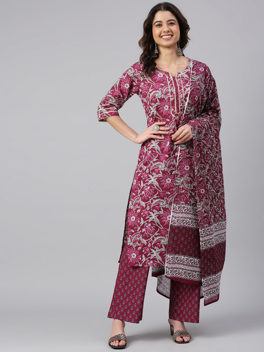 Janasya Women's Wine Cotton Floral Print Kurta With Palazzo And Dupatta - Distacart