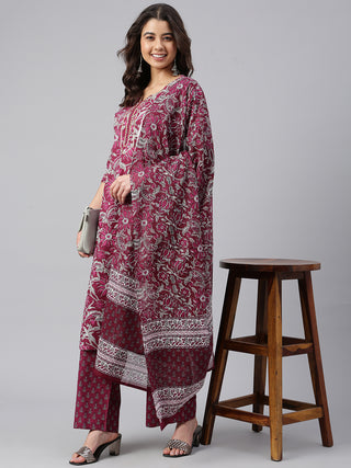 Janasya Women's Wine Cotton Floral Print Kurta With Palazzo And Dupatta - Distacart