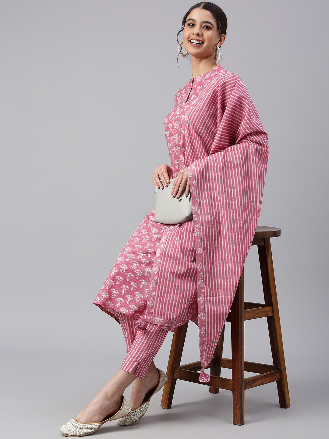 Janasya Women's Mauve Cotton Floral Print Kurta With Pant And Dupatta - Distacart