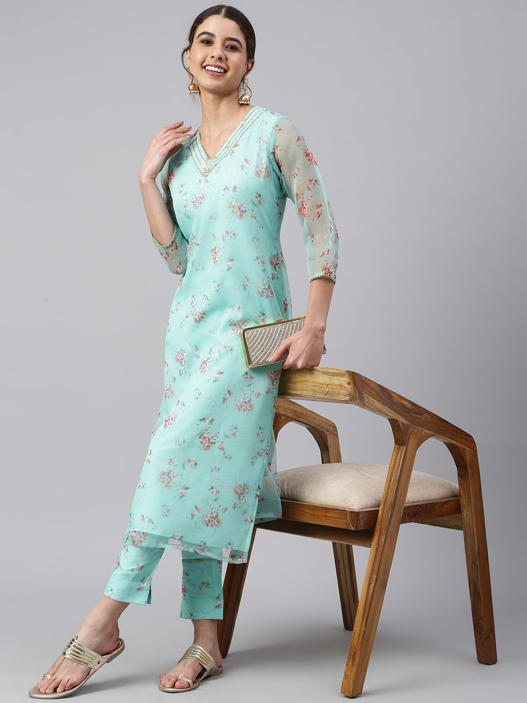 Janasya Women's Sea Green Organza Floral Print Kurta With Pant - Distacart