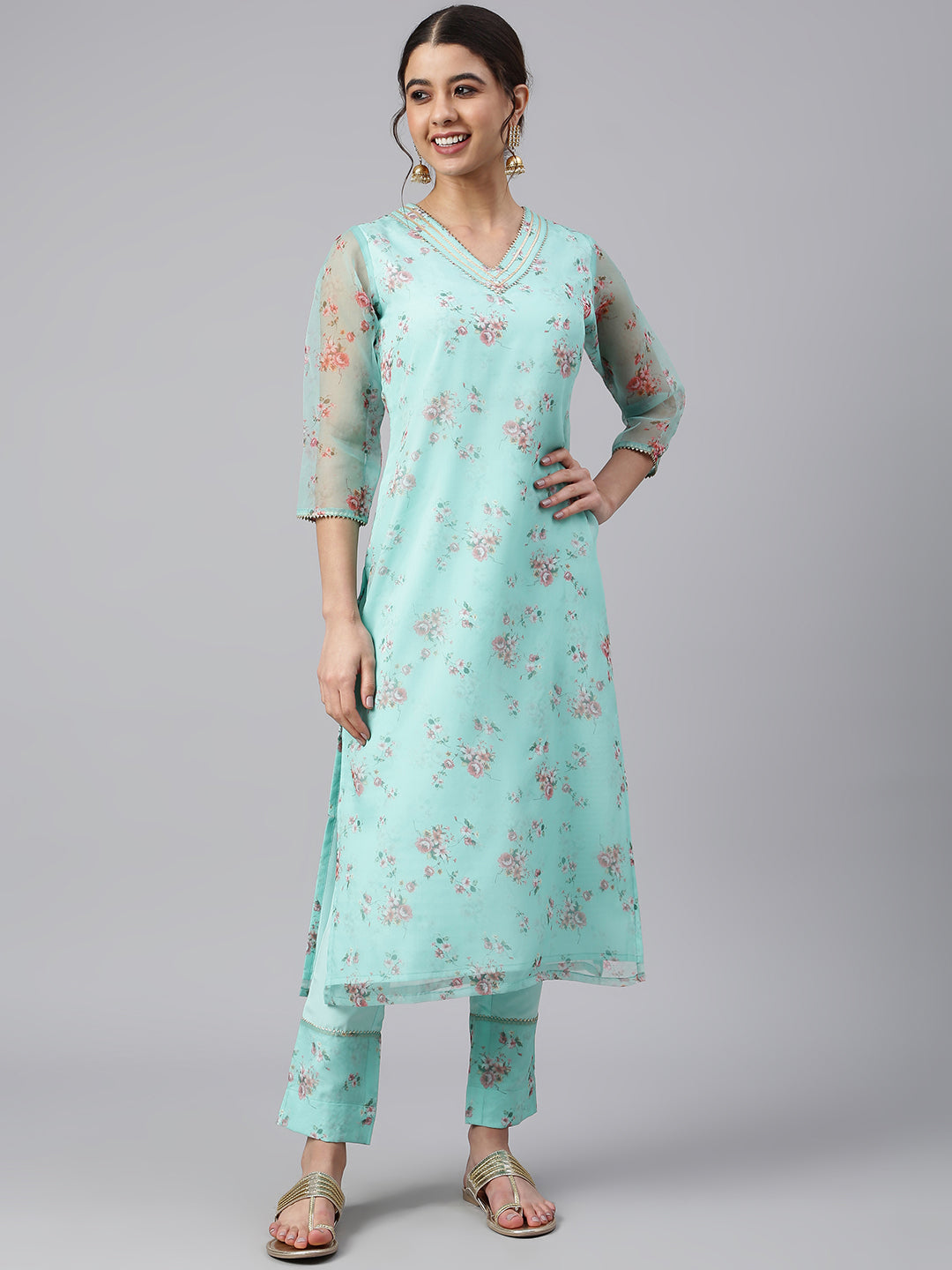 Janasya Women's Sea Green Organza Floral Print Kurta With Pant - Distacart