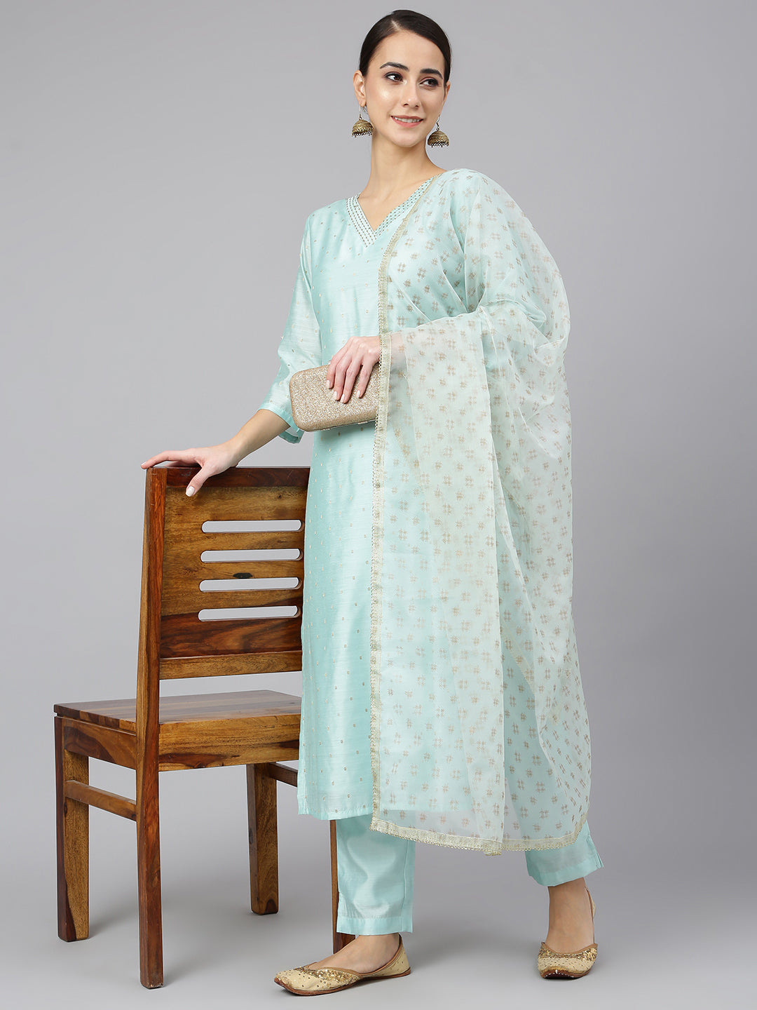 Janasya Women's Sea Green Chanderi Silk Embellished Kurta With Pant And Dupatta - Distacart
