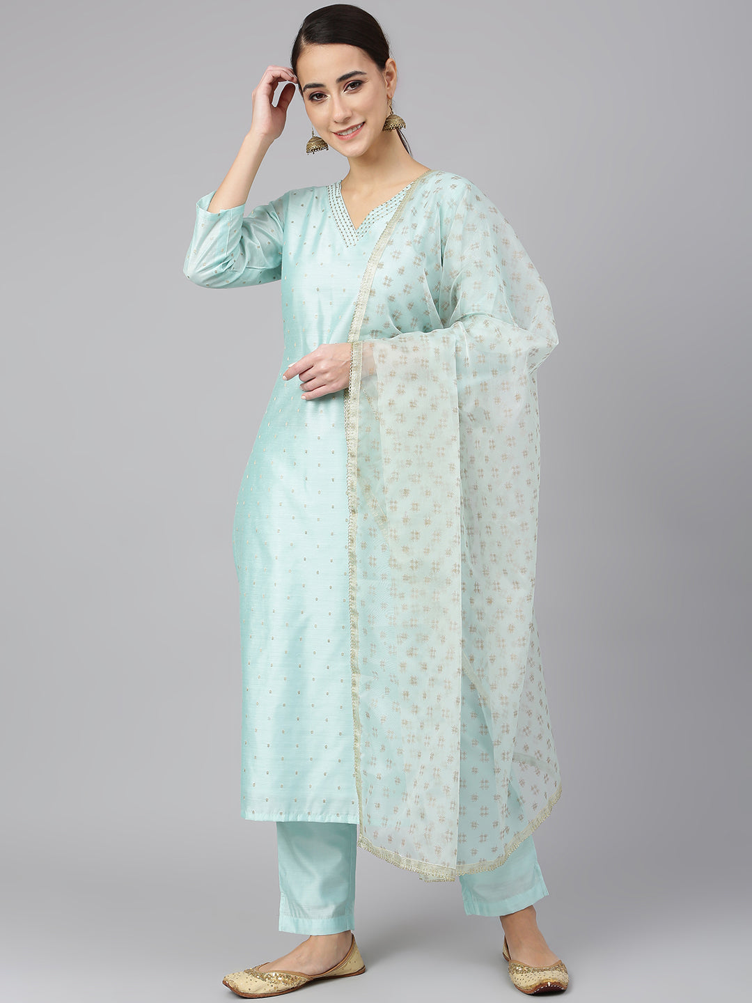 Janasya Women's Sea Green Chanderi Silk Embellished Kurta With Pant And Dupatta - Distacart