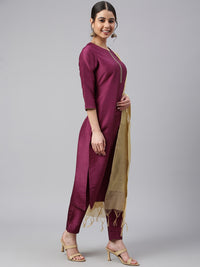 Thumbnail for Janasya Women's Wine Poly Silk Embellished Kurta With Pant And Dupatta - Distacart